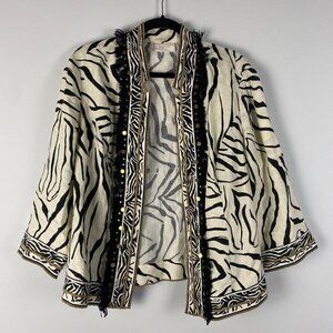 Chicos Blazer Womens 2 US Large Beige Linen Zebra Print Open Drape Fringe Studs